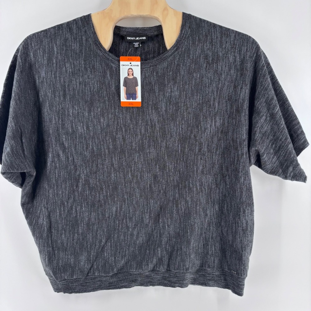 DKNY Jeans Short Sleeve Sweater Womens XXL Charcoal Grey Marled NWT Casual Logo